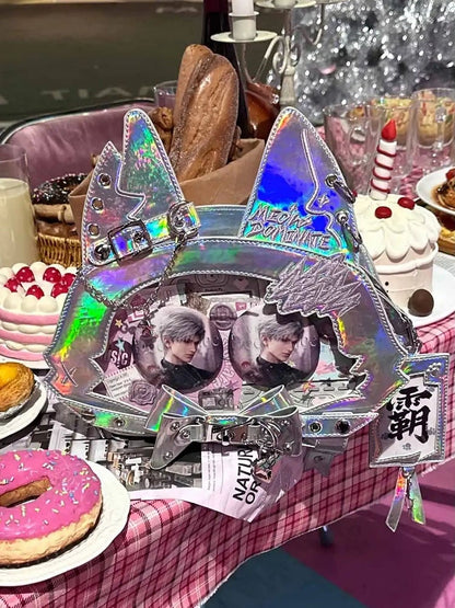 Kitty Ear Design Bowknot Studs Detail Holographic Color PU Tote Ita Bag with Free Card Holder