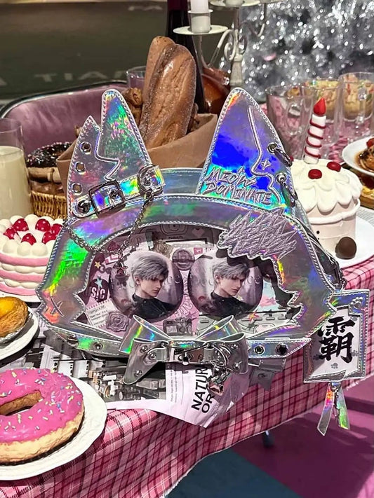 Kitty Ear Design Bowknot Studs Detail Holographic Color PU Tote Ita Bag with Free Card Holder