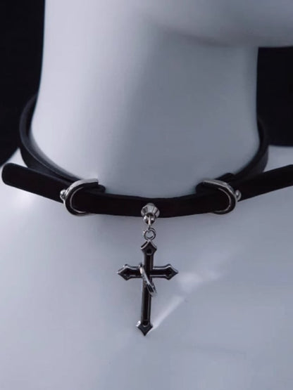 Handmade Black Cross Pendant Gothic PU Choker