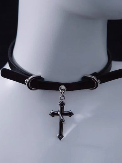 Handmade Black Cross Pendant Gothic PU Choker