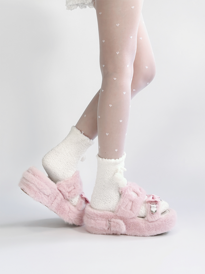 Rebellious Kitten Embroidery Slippers - Jirai Kei Pink Plush Platform with Bow & Heart Charm