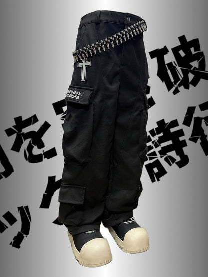 Black Punk Rock Cross And Letter Applique Cargo Pockets Decorated Wide-Leg Cargo Pants