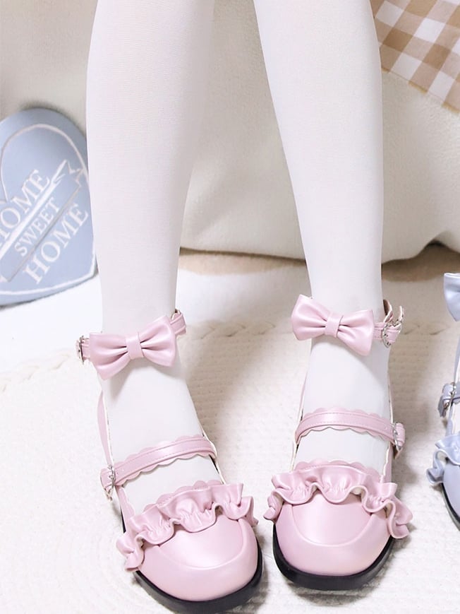 Pink Ruffles Trim Bowknot Decorated Heart Buckles Lolita Shoes