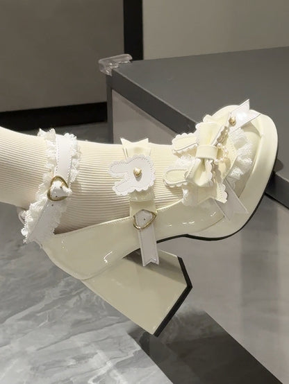 Polished White Sweet Lolita Bunny Decorated Bowknot Details Lace Trim Platform High Block Heels