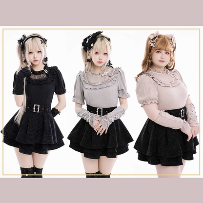 Jirai Kei Bowknots and Beads Decorated Illusion Neckline Black Blouse with Free Armwear