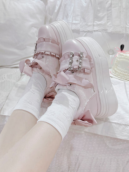 Pink Bow Accents Beaded Buckle Design Jirai Kei Platforms Shoes