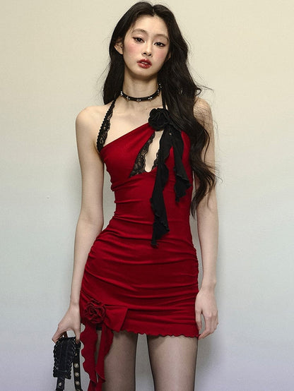 Clearance-Size S for Bust 64-68CM Red Floral Design Chest Cutout Halter Neck Mini Dress