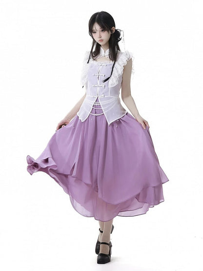 White Banded Collar Cheongsam Style Knot Buttons Flutter Sleeves Coverup