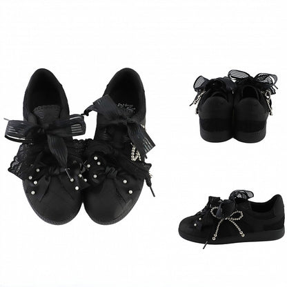 Black Beaded Decorated Bow at Top Lace Front Lace-up Ties Sneakers
