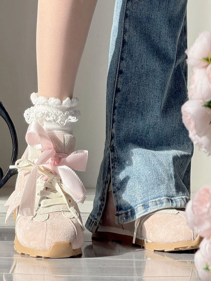 Pink Letter And Bear Decorated Front Lace-up Ties Sneakers