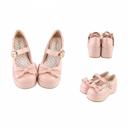 Hugging Bear Heart Buckle Pink Bow at Top Platform Mary Janes with Velcro Strap