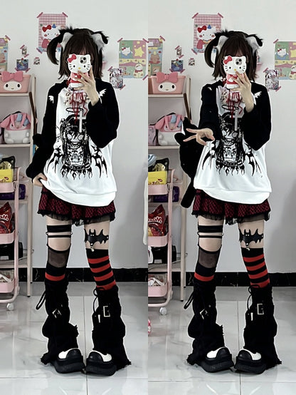 Black & White Evil Girl Print Devil Wing Design Sweatshirt