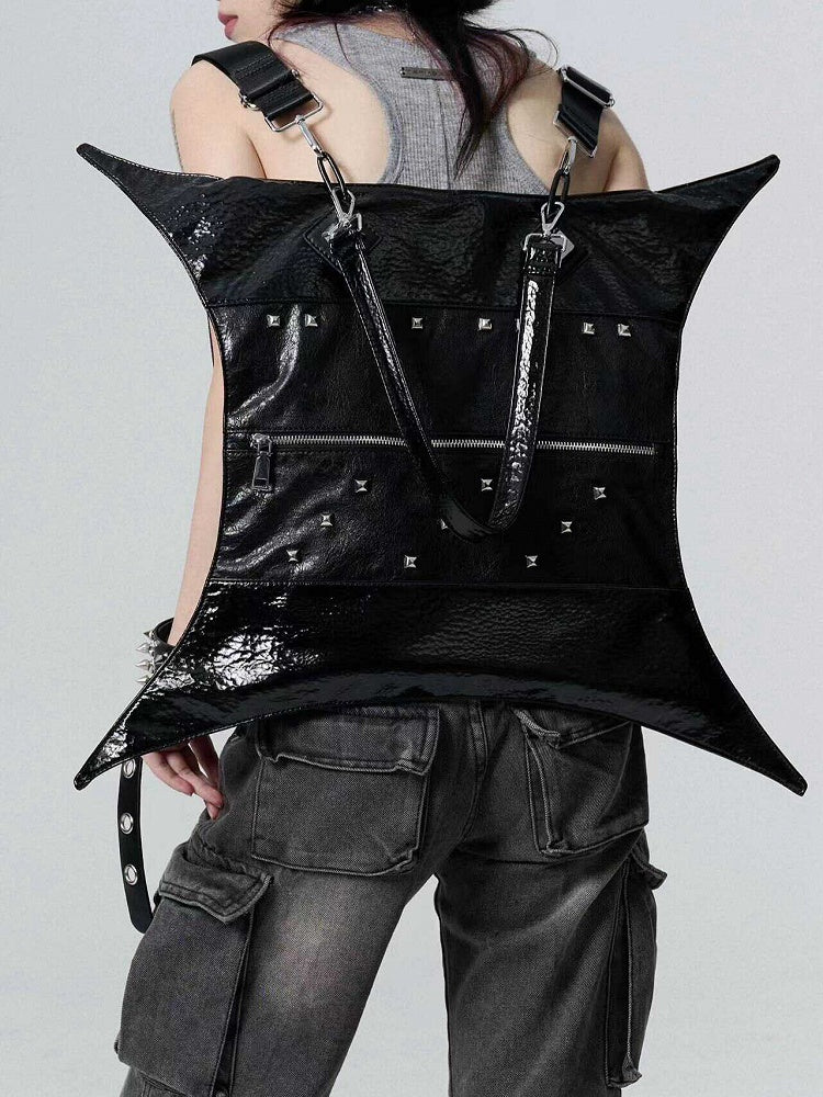 Gothic Punk Studs Black Four-pointed Star Large Capacity PU Bag