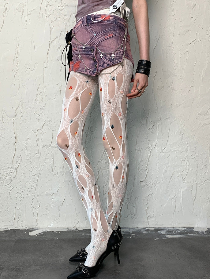 White Y2K Christmas Print Design Tights