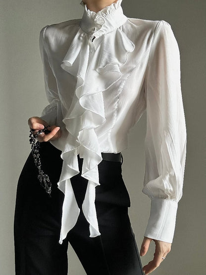 Ouji Lolita Vintage White Bishop Sleeve Shirt with Cascading Ruffle Placket & Detachable Lace Necklace