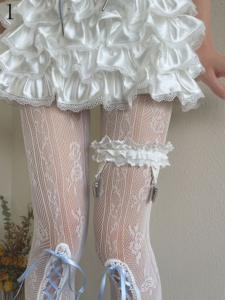 Blue Lace-up Detail Floral Pattern Hollow-out Tights