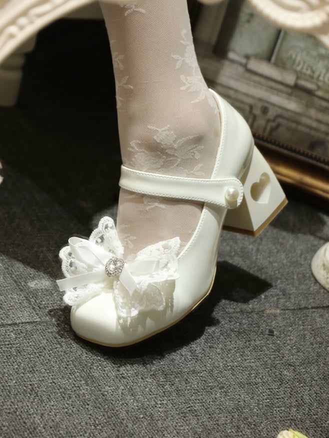 Heart-shaped Hollowed Heel White Elegant Mary Janes with Lace Bowknot Clips