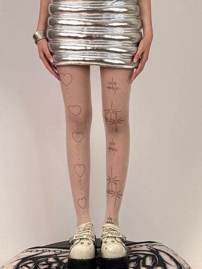 White Star And Heart Print Tights