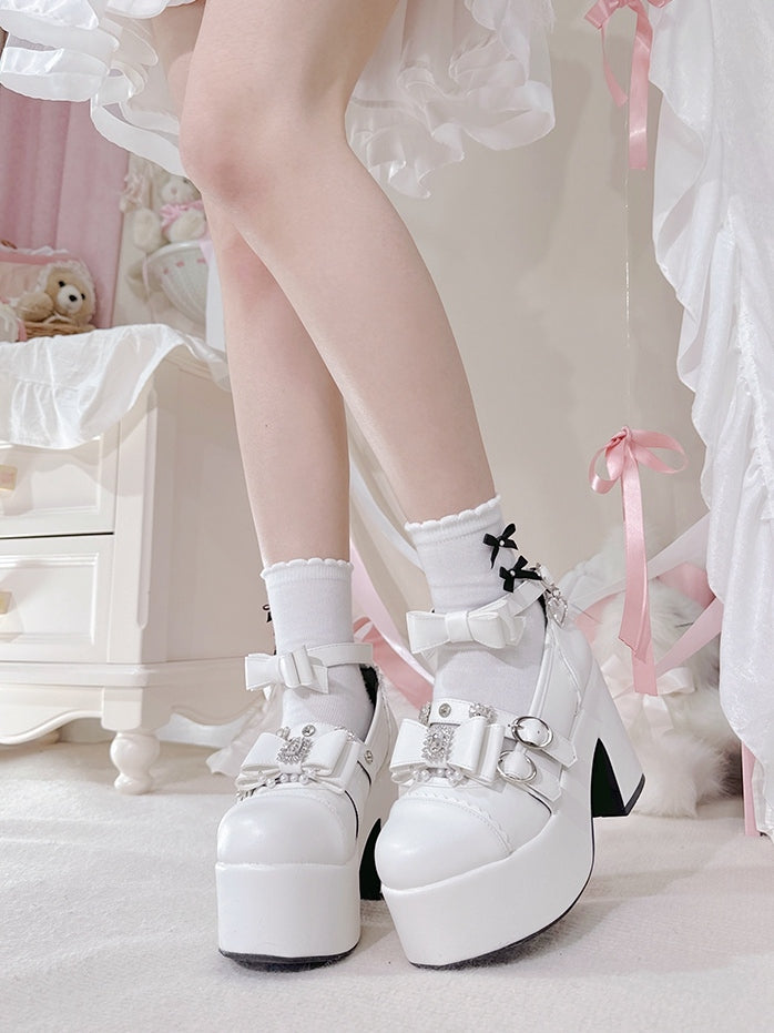 Matte White Jirai Kei Beaded Charm Rhinestone Decorated Bowknot Details Platform High Block Heels