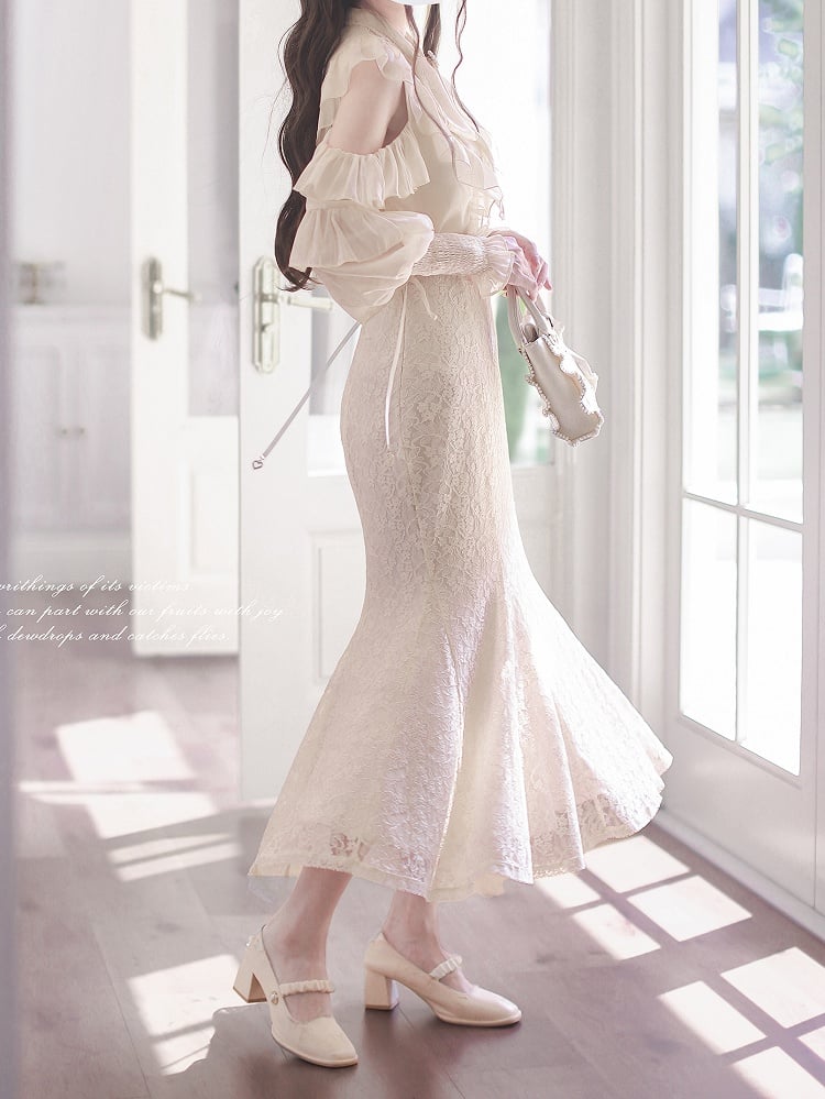 Jirai Kei Elegance: Beige Chiffon Blouse with Flounce Cutout Shoulders - Clean & Innocent Aesthetic