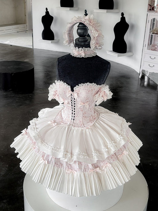 Pink & White Sweet Lolita Floral-Print Corset Top + Skirt + Choker + Arm Rings + KC Full Set