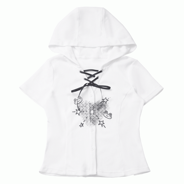 Lace-up Neckline Front Button Placket Cute Frog Print White Hooded Waffle T-shirt