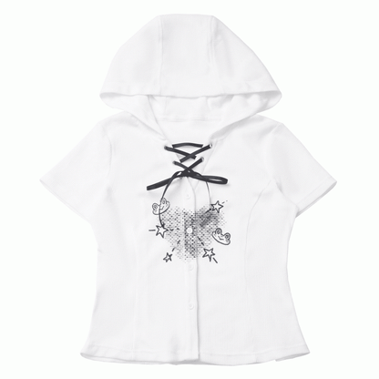 Lace-up Neckline Front Button Placket Cute Frog Print White Hooded Waffle T-shirt