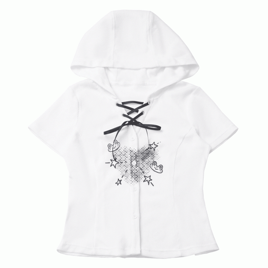 Lace-up Neckline Front Button Placket Cute Frog Print White Hooded Waffle T-shirt