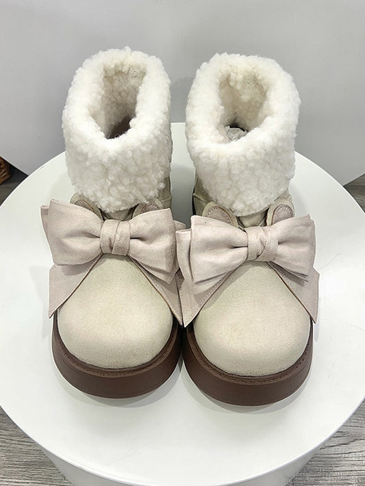 Beige Bunny Ear Design Bowknot Platform Winter Ugg Boots