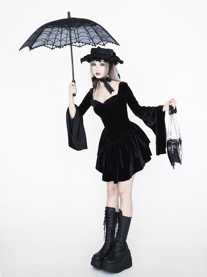 Gothic Black Velvet Bell Sleeves  Tiered Skirt Witch Dress