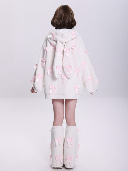 Allover Pink Bows Jirai Kei Bunny Ears Hooded White Fleece Zip Hoodie