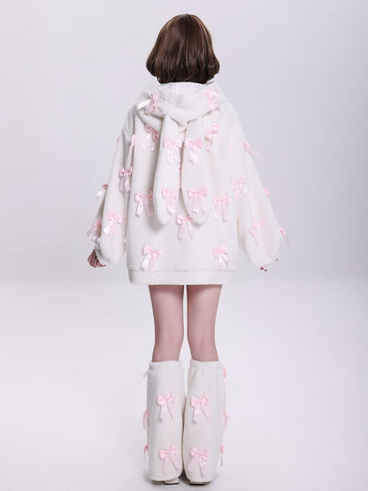 Allover Pink Bows Jirai Kei Bunny Ears Hooded White Fleece Zip Hoodie