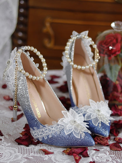 Dark Blue Glittering Floral Detachable Beaded Chain 7CM/9CM Hime Lolita High Heels
