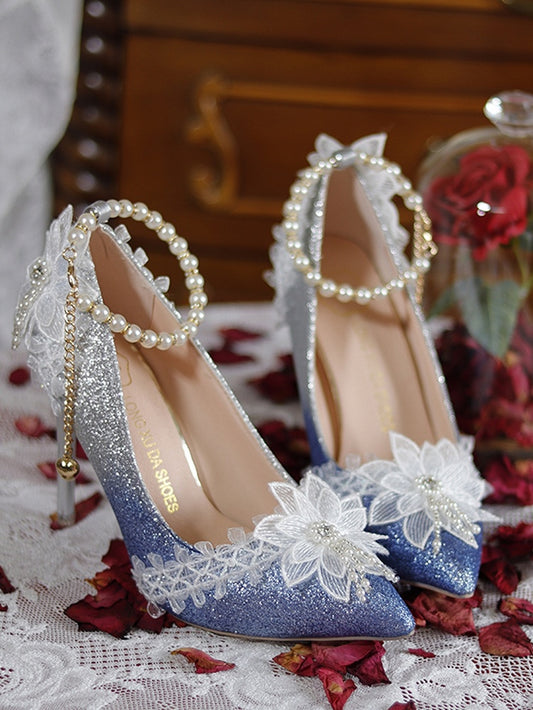 Dark Blue Glittering Floral Detachable Beaded Chain 7CM/9CM Hime Lolita High Heels