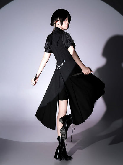 Clearance-Size L for Waist 84CM Black Bat Wings Shape Collar Ouji Lolita Blue Lining Long Waistcoat