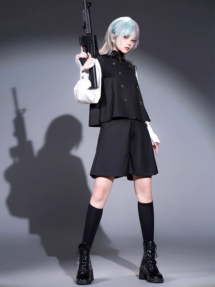 Ouji Lolita White and Black Five-Piece Set - Lace Collar Top + Detachable Pointed Hood + Ribbons + Shorts + Garter