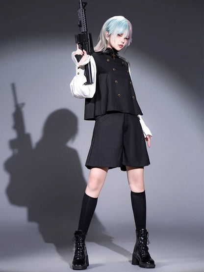 Ouji Lolita White and Black Five-Piece Set - Lace Collar Top + Detachable Pointed Hood + Ribbons + Shorts + Garter