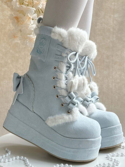 Sweet Blue Snow Boots For Lolita - Plush Interior with Star & Heart Lace Charms & Delicate Bows