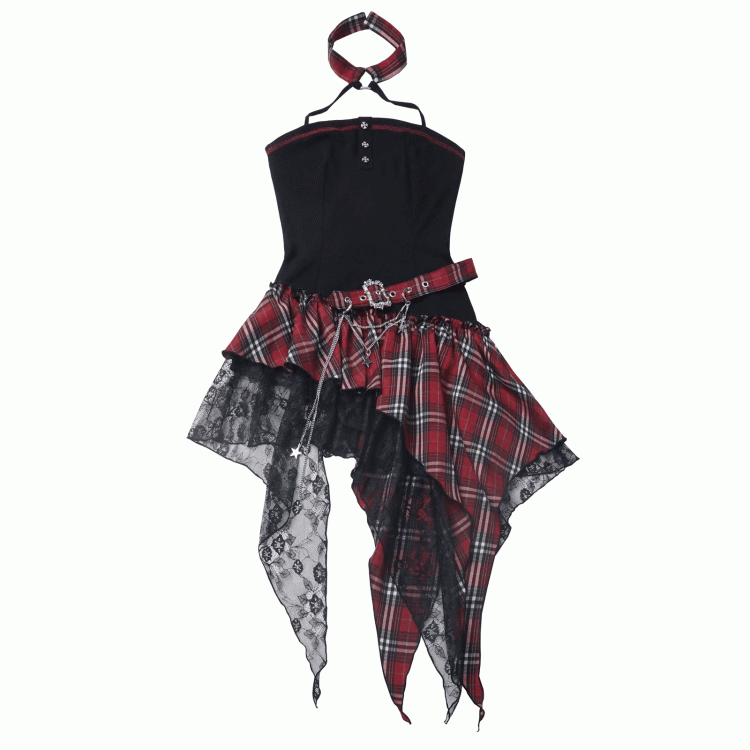 Red/Black & White Plaid Mesh Patches Handkerchief Hem Punk Rock Strapless Dress