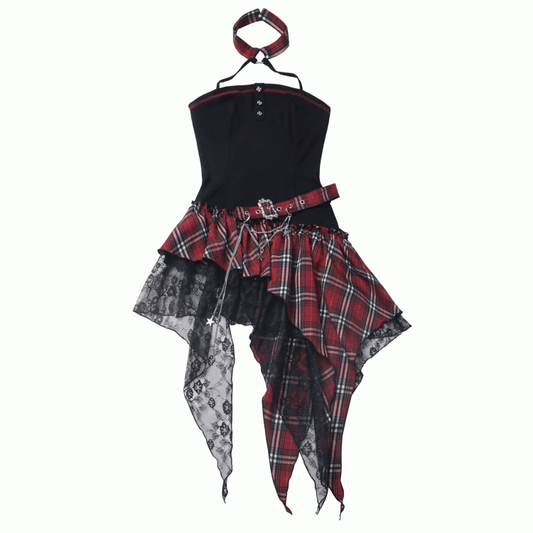 Red/Black & White Plaid Mesh Patches Handkerchief Hem Punk Rock Strapless Dress