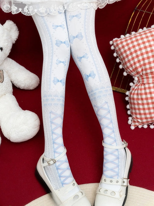 Red/Blue/Purple/Black Sweet Lolita Bowknot Heart Print Tights