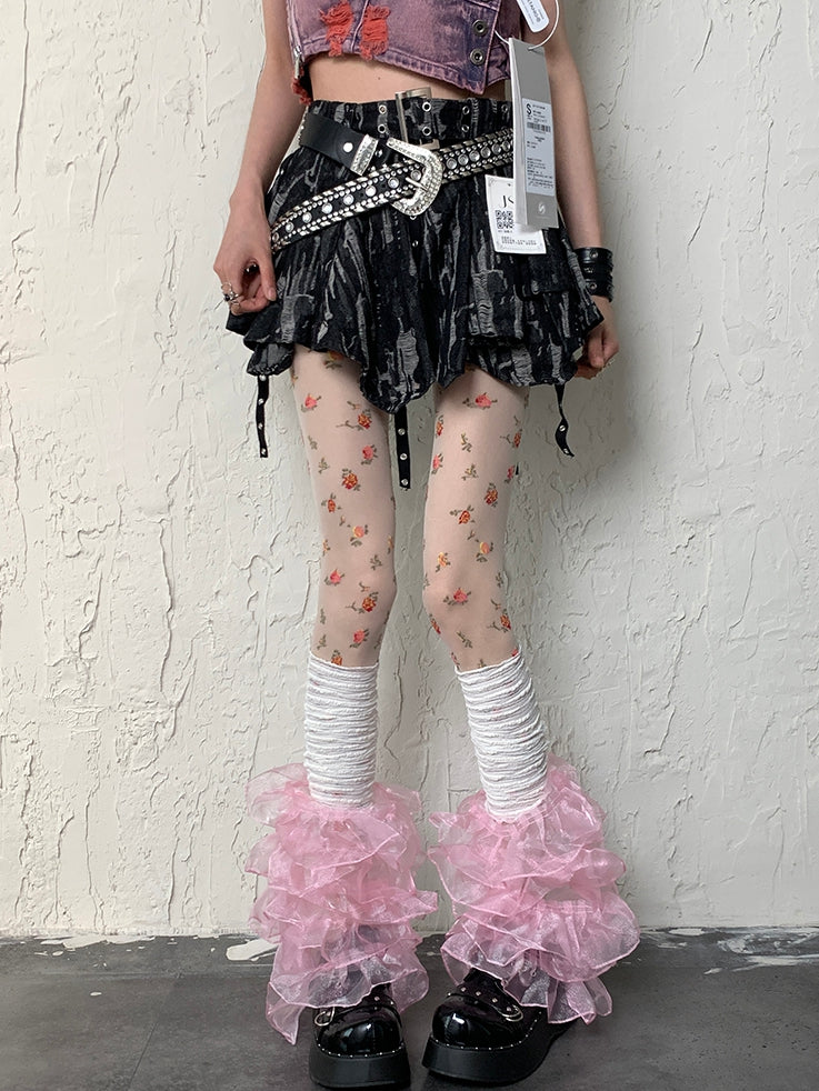 White Y2K Floral Pattern Tights + White&Pink Y2K Multi-layered Lace Trim Leg Sleeves Set