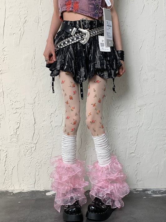 White Y2K Floral Pattern Tights + White&Pink Y2K Multi-layered Lace Trim Leg Sleeves Set