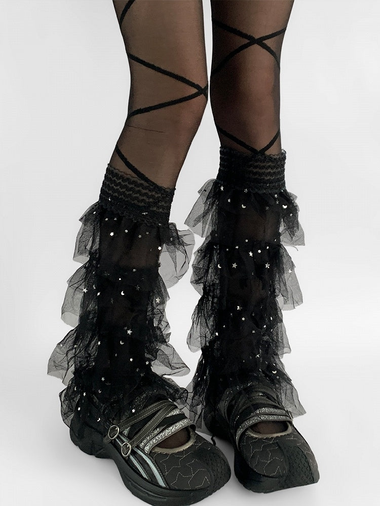 White/Black Y2K Star And Moon Details Tiered Lace Trim Leg Sleeves