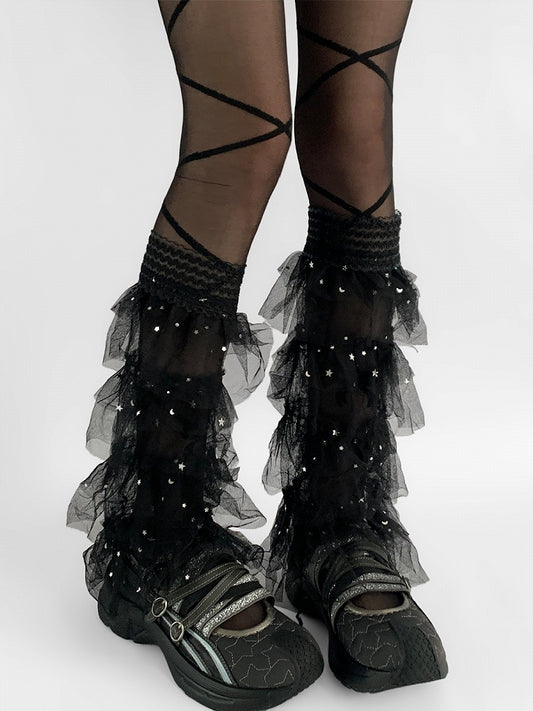 White/Black Y2K Star And Moon Details Tiered Lace Trim Leg Sleeves