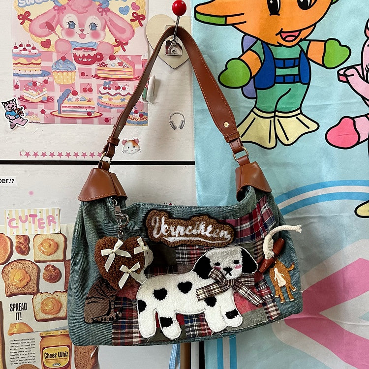 Artisanal Washed Denim Blue and Pink Plaid Shoulder Bag with Vintage Puppy & Kitten Patches