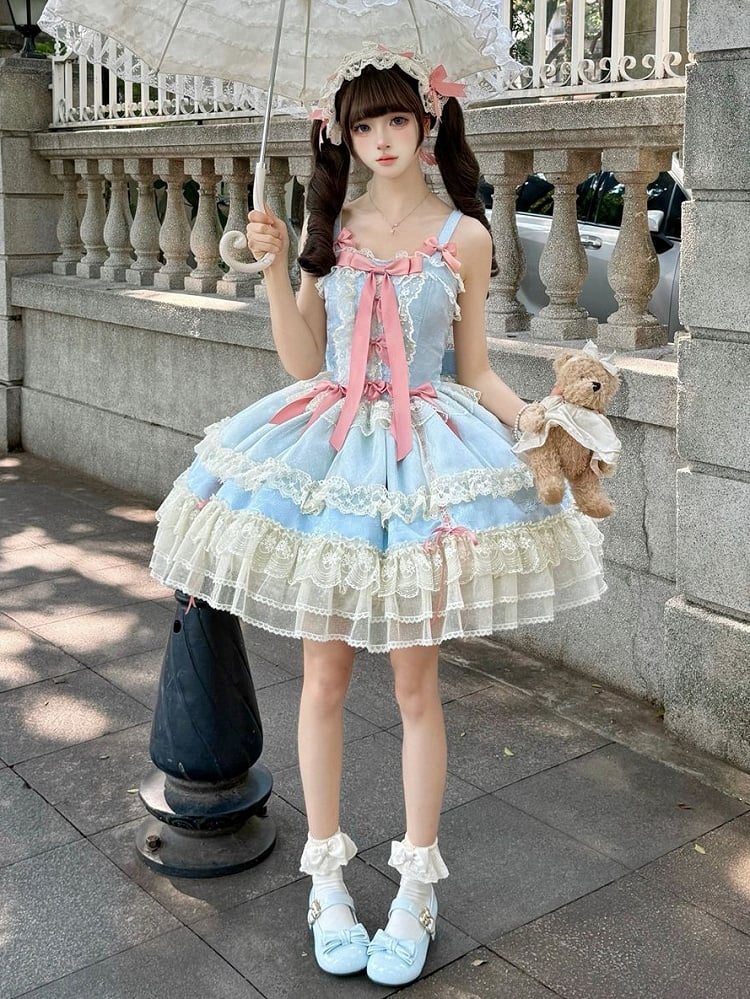 Blue Balletcore Lolita Dress Bowknots Decorated Sweet Jumper Skirt