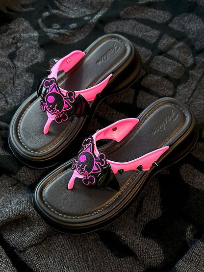 Black and Pink Bat Wings Skeleton Applique Flip-flops Gothic Summer Slippers