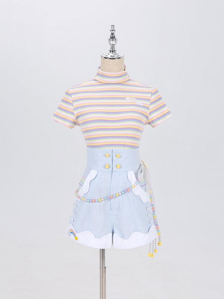 High Neck Pastel Rainbow Striped Short Sleeves T-shirt with Cloud Patch