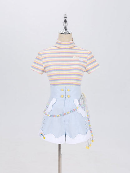 High Neck Pastel Rainbow Striped Short Sleeves T-shirt with Cloud Patch